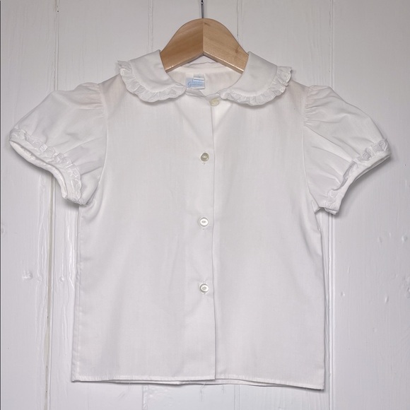 EUC Classic Basic Lace Ruffle Peter Pan Collar Button Down Short Sleeve Blouse - Picture 1 of 3